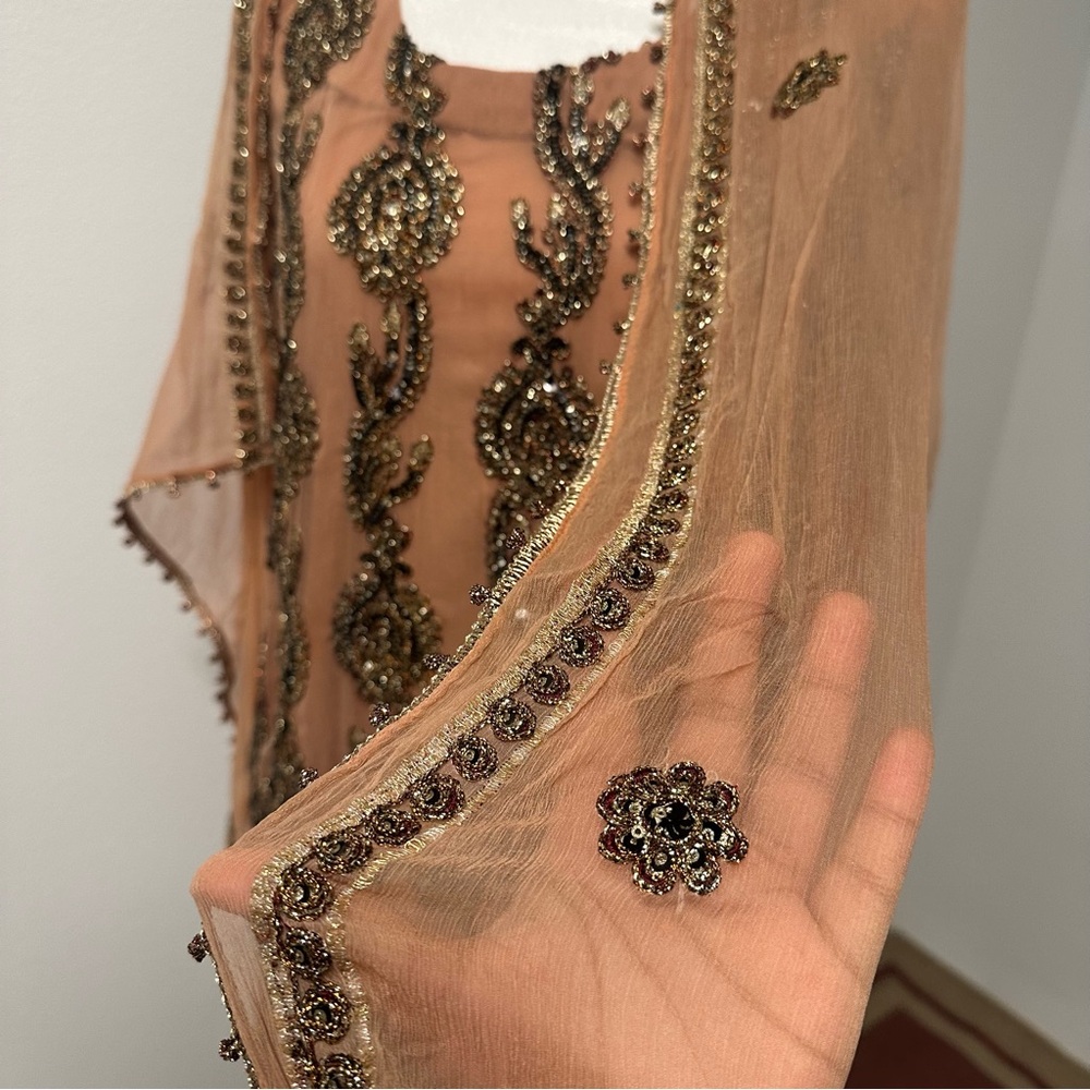 Peach Bronze and Red Embroidered Two-Piece Salwar Kameez | Size Approx. Large - Picture 7 of 12